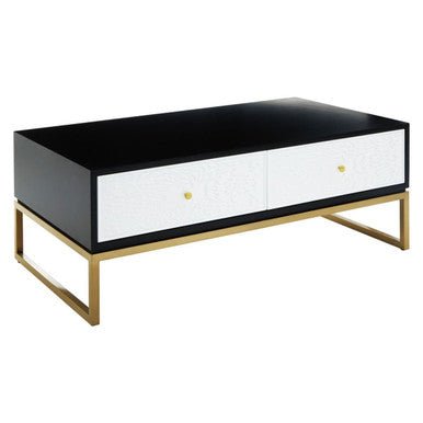 Black and White 4 Drawer Warm Metallic Finish Coffee Table with Gold Knob Handle, Dumas - Joe’s Haven