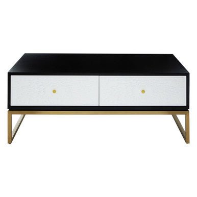 Black and White 4 Drawer Warm Metallic Finish Coffee Table with Gold Knob Handle, Dumas - Joe’s Haven