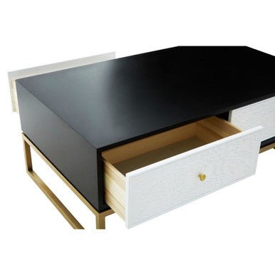 Black and White 4 Drawer Warm Metallic Finish Coffee Table with Gold Knob Handle, Dumas - Joe’s Haven