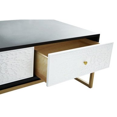 Black and White 4 Drawer Warm Metallic Finish Coffee Table with Gold Knob Handle, Dumas - Joe’s Haven