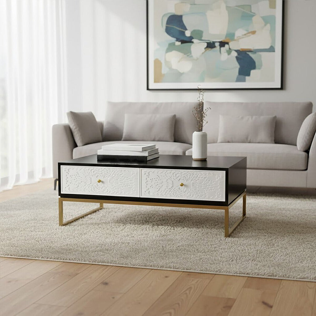 Black and White 4 Drawer Warm Metallic Finish Coffee Table with Gold Knob Handle, Dumas - Joe’s Haven