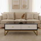 Black and White 4 Drawer Warm Metallic Finish Coffee Table with Gold Knob Handle, Dumas - Joe’s Haven