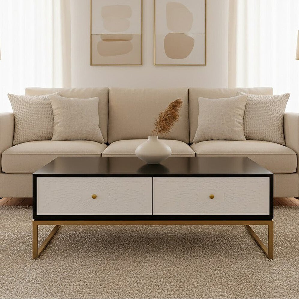 Black and White 4 Drawer Warm Metallic Finish Coffee Table with Gold Knob Handle, Dumas - Joe’s Haven