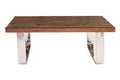 Natural Wood and Clear Glass Top Coffee Table with Silver U-Shaped Metal Legs, Kerala