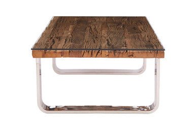 Natural Wood and Clear Glass Top Coffee Table with Silver U - Shaped Metal Legs, Kerala - Joe’s Haven