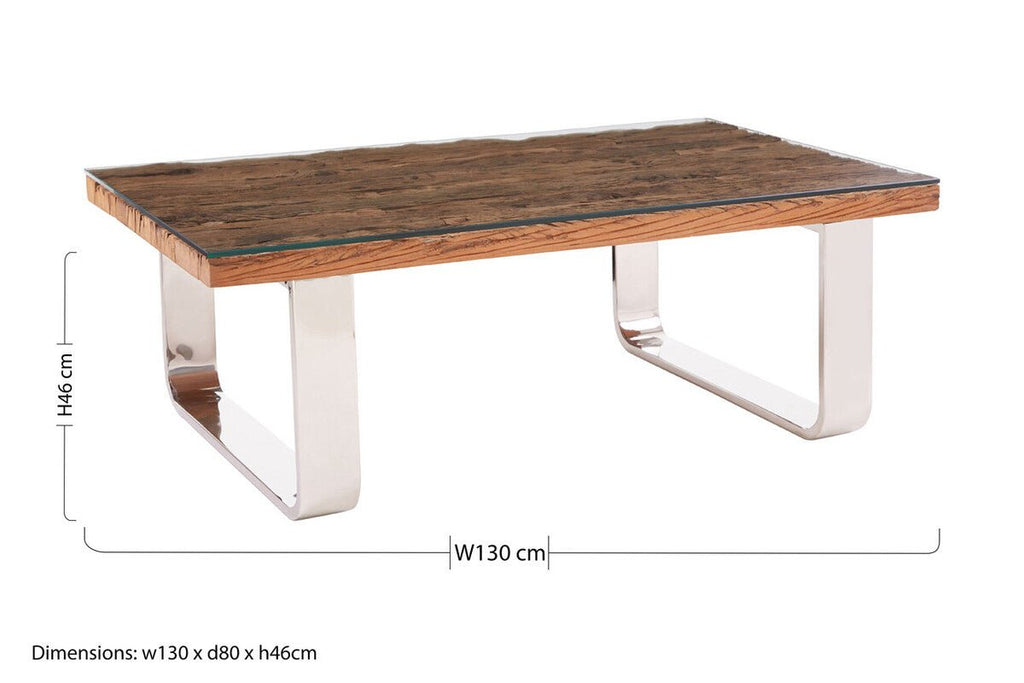Natural Wood and Clear Glass Top Coffee Table with Silver U - Shaped Metal Legs, Kerala - Joe’s Haven