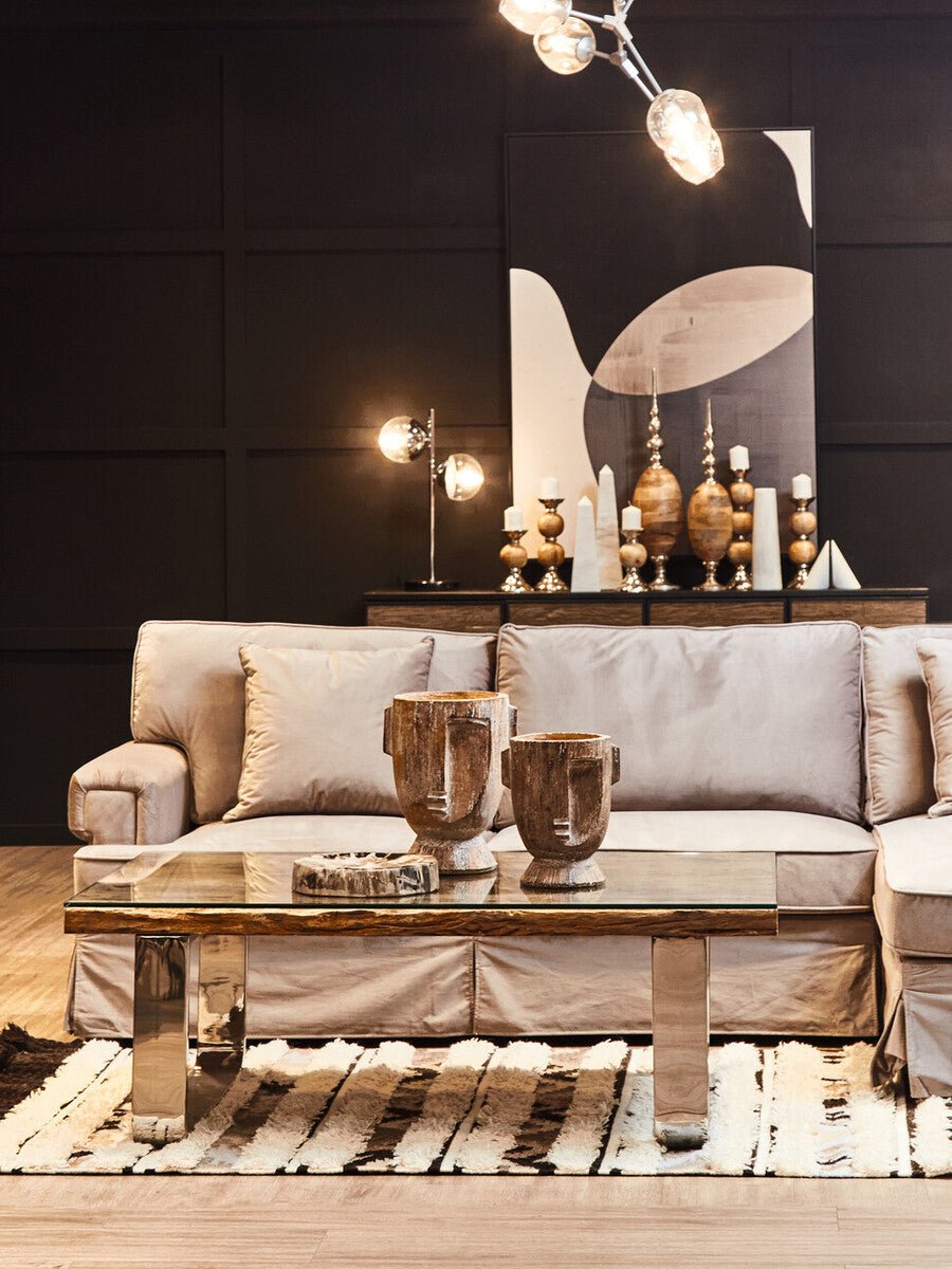 Natural Wood and Clear Glass Top Coffee Table with Silver U - Shaped Metal Legs, Kerala - Joe’s Haven