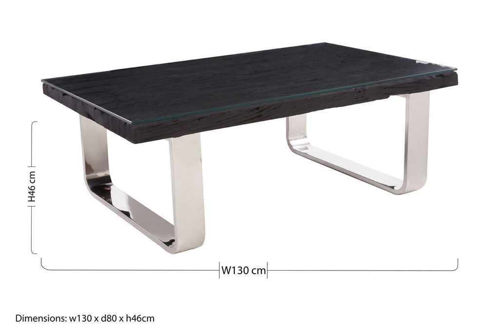 Black Wood and Clear Glass Top Coffee Table with Silver U - Shaped Metal Legs, Kerala - Joe’s Haven