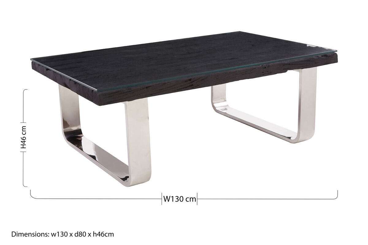 Black Wood and Clear Glass Top Coffee Table with Silver U - Shaped Metal Legs, Kerala - Joe’s Haven