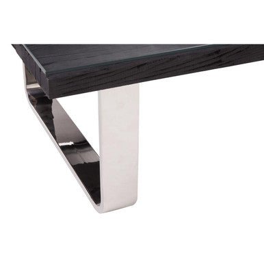 Black Wood and Clear Glass Top Coffee Table with Silver U - Shaped Metal Legs, Kerala - Joe’s Haven