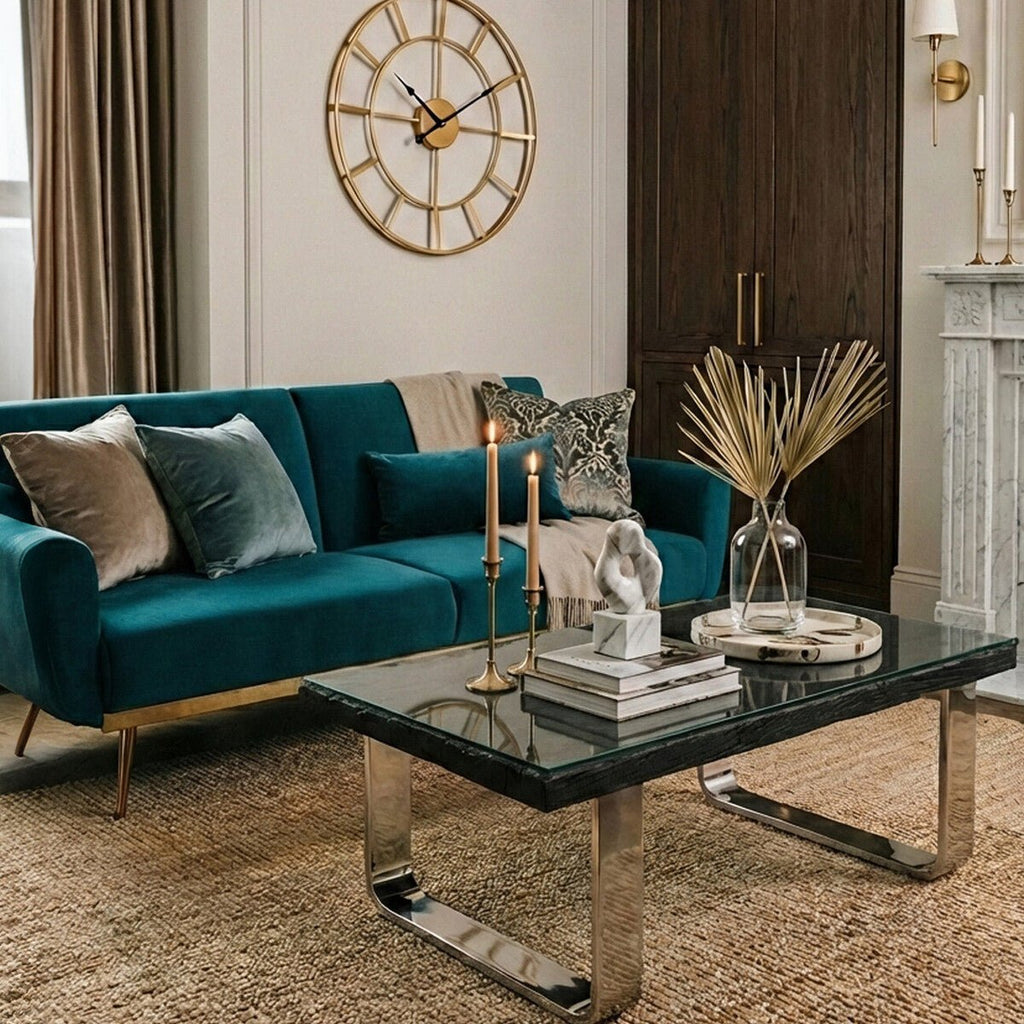 Black Wood and Clear Glass Top Coffee Table with Silver U - Shaped Metal Legs, Kerala - Joe’s Haven