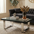 Black Wood and Clear Glass Top Coffee Table with Silver U - Shaped Metal Legs, Kerala - Joe’s Haven