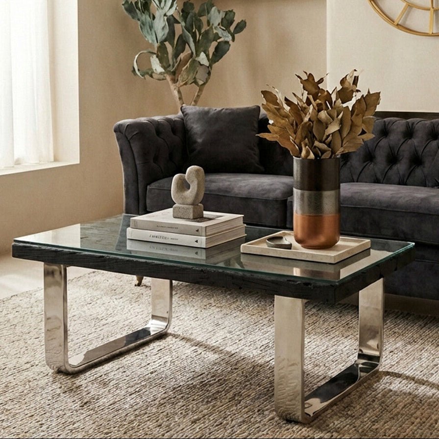 Black Wood and Clear Glass Top Coffee Table with Silver U - Shaped Metal Legs, Kerala - Joe’s Haven