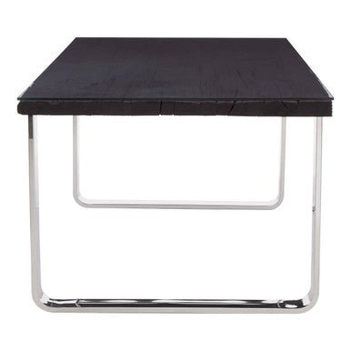 Large Black Pinewood and Clear Glass Top Dining Table with Silver U - Shaped Metal Legs, Kerala - Joe’s Haven