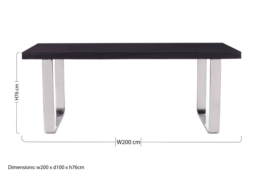 Large Black Pinewood and Clear Glass Top Dining Table with Silver U - Shaped Metal Legs, Kerala - Joe’s Haven