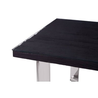 Large Black Pinewood and Clear Glass Top Dining Table with Silver U - Shaped Metal Legs, Kerala - Joe’s Haven