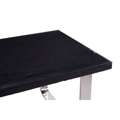 Large Black Pinewood and Clear Glass Top Dining Table with Silver U - Shaped Metal Legs, Kerala - Joe’s Haven