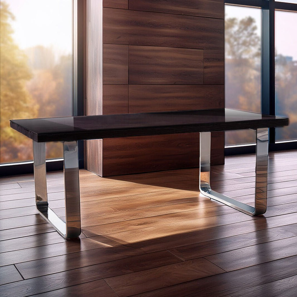 Large Black Pinewood and Clear Glass Top Dining Table with Silver U - Shaped Metal Legs, Kerala - Joe’s Haven