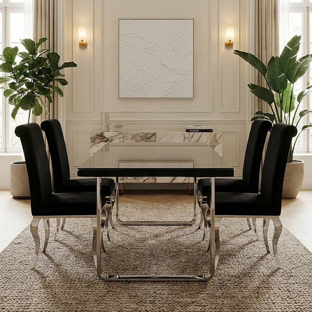 Large Black Pinewood and Clear Glass Top Dining Table with Silver U - Shaped Metal Legs, Kerala - Joe’s Haven