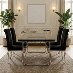 Large Black Pinewood and Clear Glass Top Dining Table with Silver U - Shaped Metal Legs, Kerala - Joe’s Haven