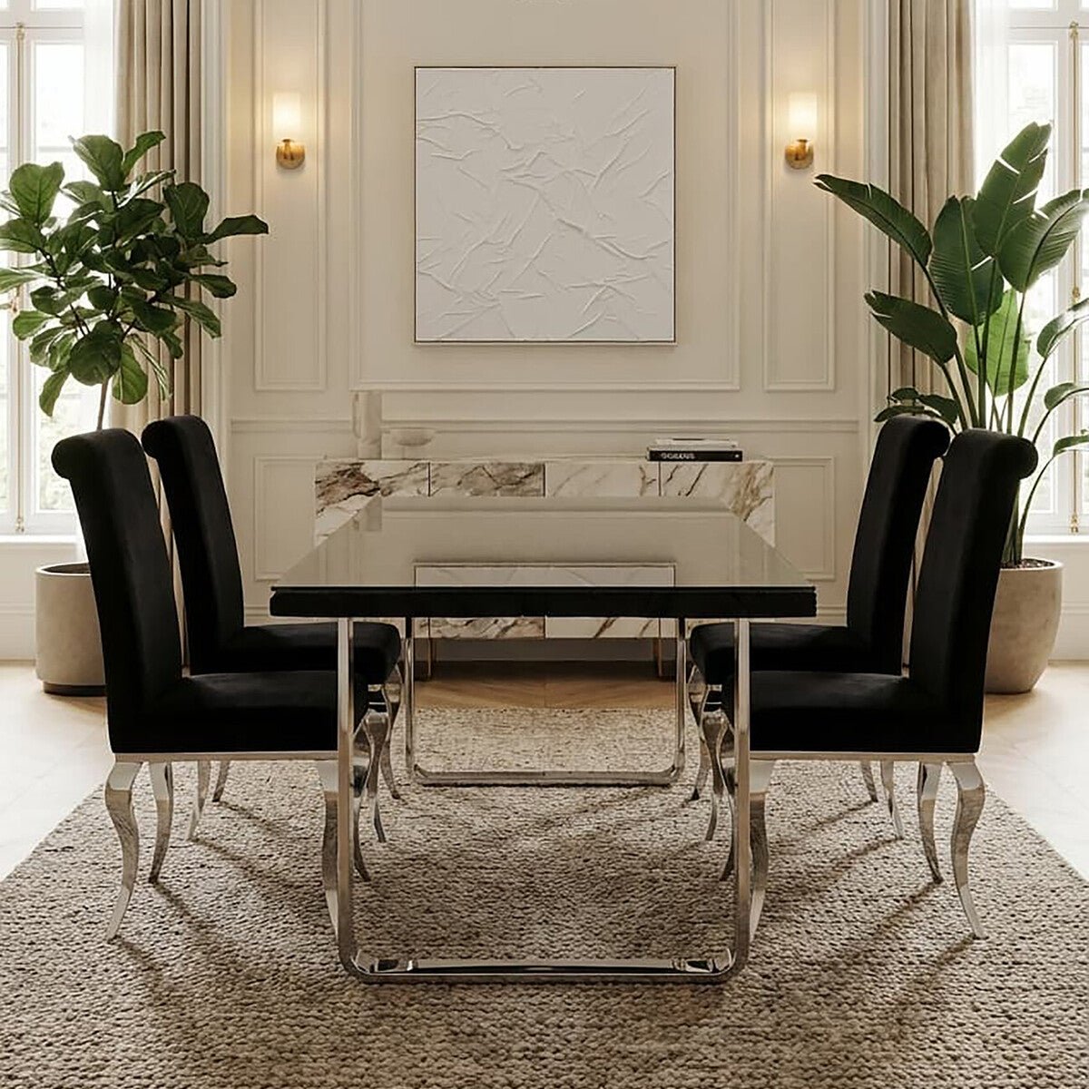 Large Black Pinewood and Clear Glass Top Dining Table with Silver U - Shaped Metal Legs, Kerala - Joe’s Haven