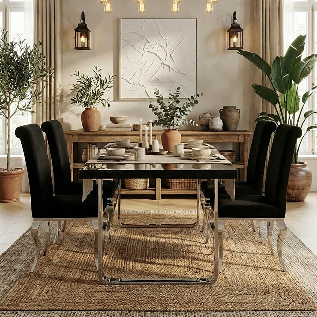 Large Black Pinewood and Clear Glass Top Dining Table with Silver U - Shaped Metal Legs, Kerala - Joe’s Haven