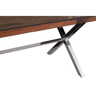 Square Natural Wood and Clear Glass Top Dining Table with Grey Cross Base, Kerala - Joe’s Haven