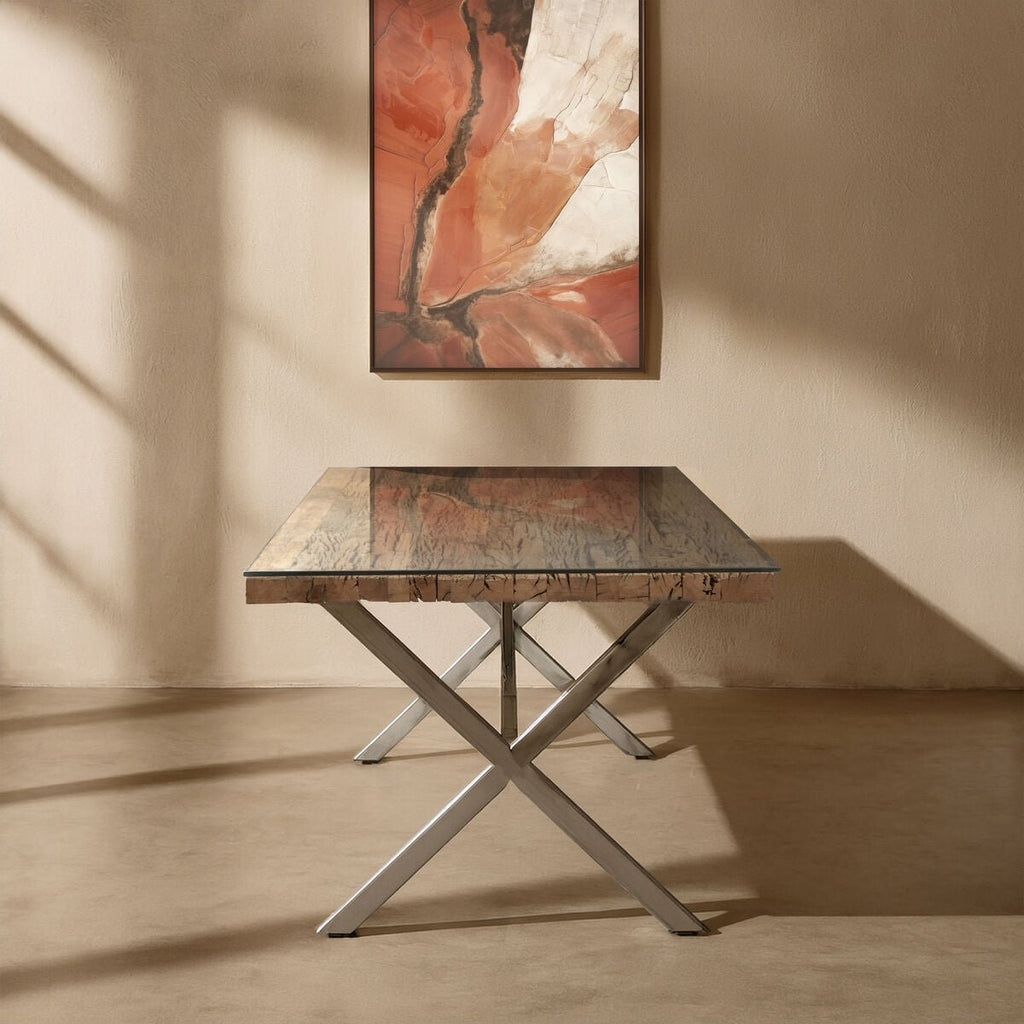 Square Natural Wood and Clear Glass Top Dining Table with Grey Cross Base, Kerala - Joe’s Haven