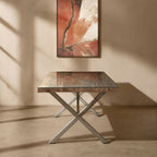 Square Natural Wood and Clear Glass Top Dining Table with Grey Cross Base, Kerala - Joe’s Haven