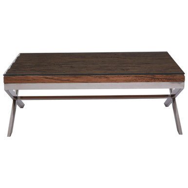 Square Natural Wood and Clear Glass Top Coffee Table with Silver Cross Base, Kerala - Joe’s Haven