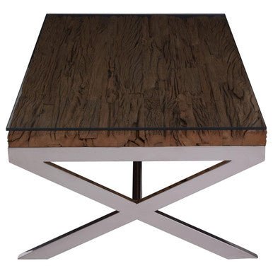 Square Natural Wood and Clear Glass Top Coffee Table with Silver Cross Base, Kerala - Joe’s Haven