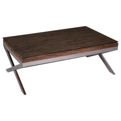 Square Natural Wood and Clear Glass Top Coffee Table with Silver Cross Base, Kerala - Joe’s Haven