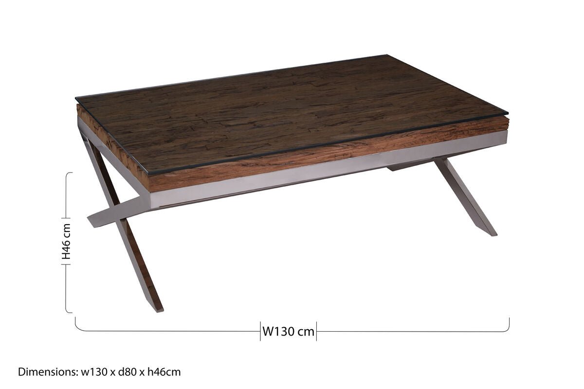 Square Natural Wood and Clear Glass Top Coffee Table with Silver Cross Base, Kerala - Joe’s Haven