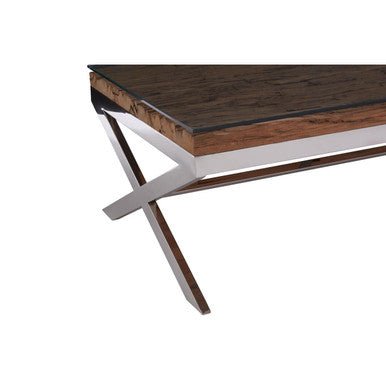 Square Natural Wood and Clear Glass Top Coffee Table with Silver Cross Base, Kerala - Joe’s Haven