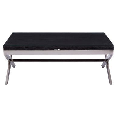 Square Black Wood and Clear Glass Top Coffee Table with Silver Cross Base, Kerala - Joe’s Haven