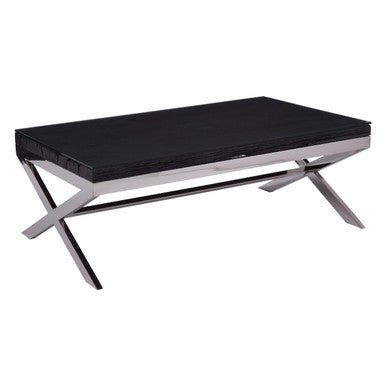 Square Black Wood and Clear Glass Top Coffee Table with Silver Cross Base, Kerala - Joe’s Haven