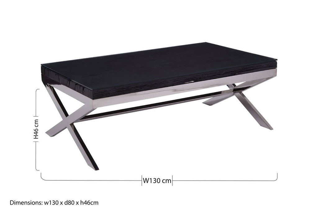 Square Black Wood and Clear Glass Top Coffee Table with Silver Cross Base, Kerala - Joe’s Haven