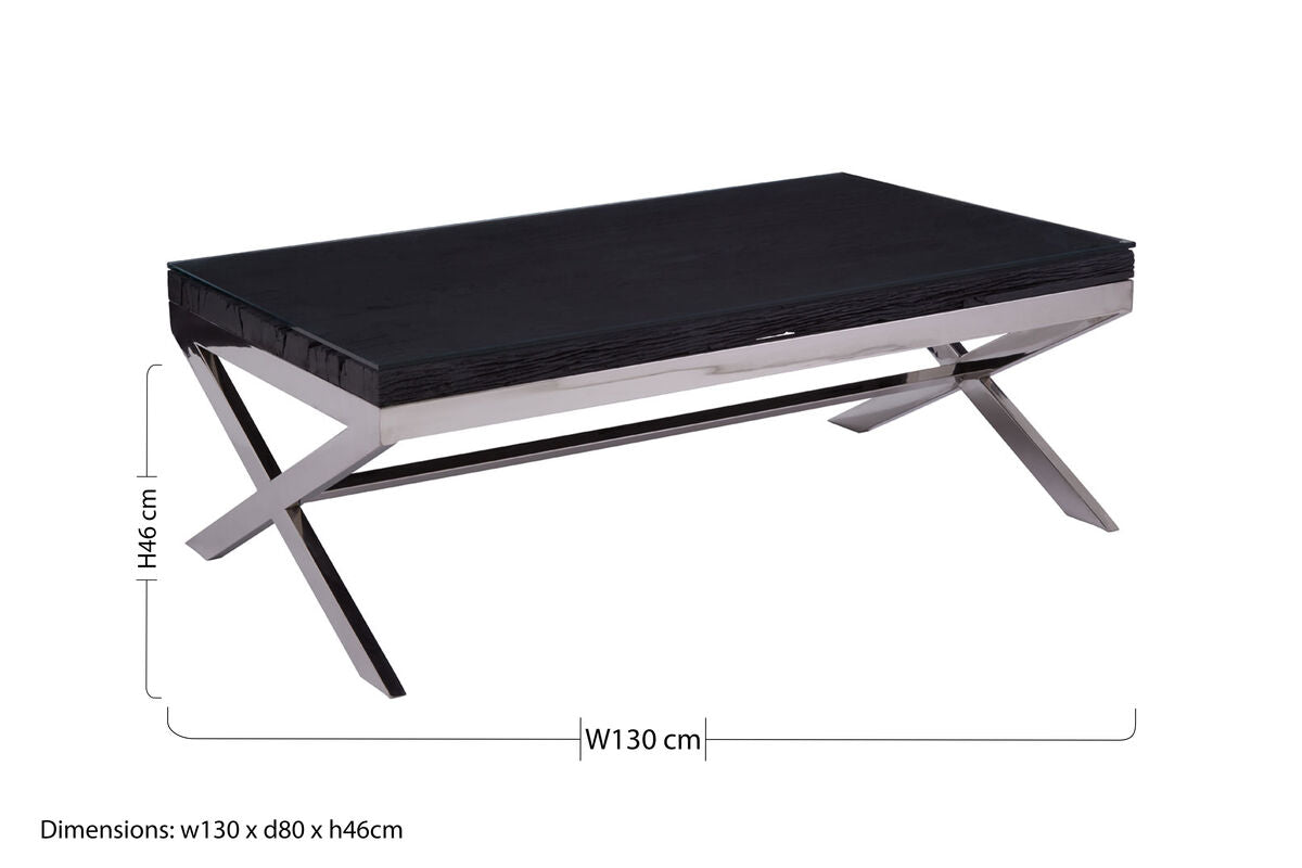 Square Black Wood and Clear Glass Top Coffee Table with Silver Cross Base, Kerala - Joe’s Haven