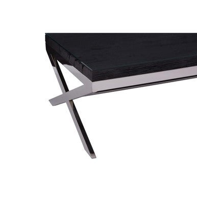 Square Black Wood and Clear Glass Top Coffee Table with Silver Cross Base, Kerala - Joe’s Haven