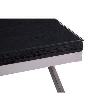 Square Black Wood and Clear Glass Top Coffee Table with Silver Cross Base, Kerala - Joe’s Haven
