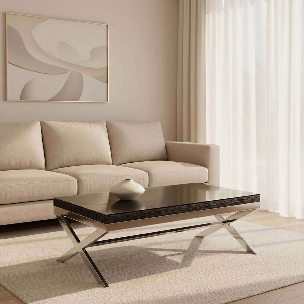 Square Black Wood and Clear Glass Top Coffee Table with Silver Cross Base, Kerala - Joe’s Haven
