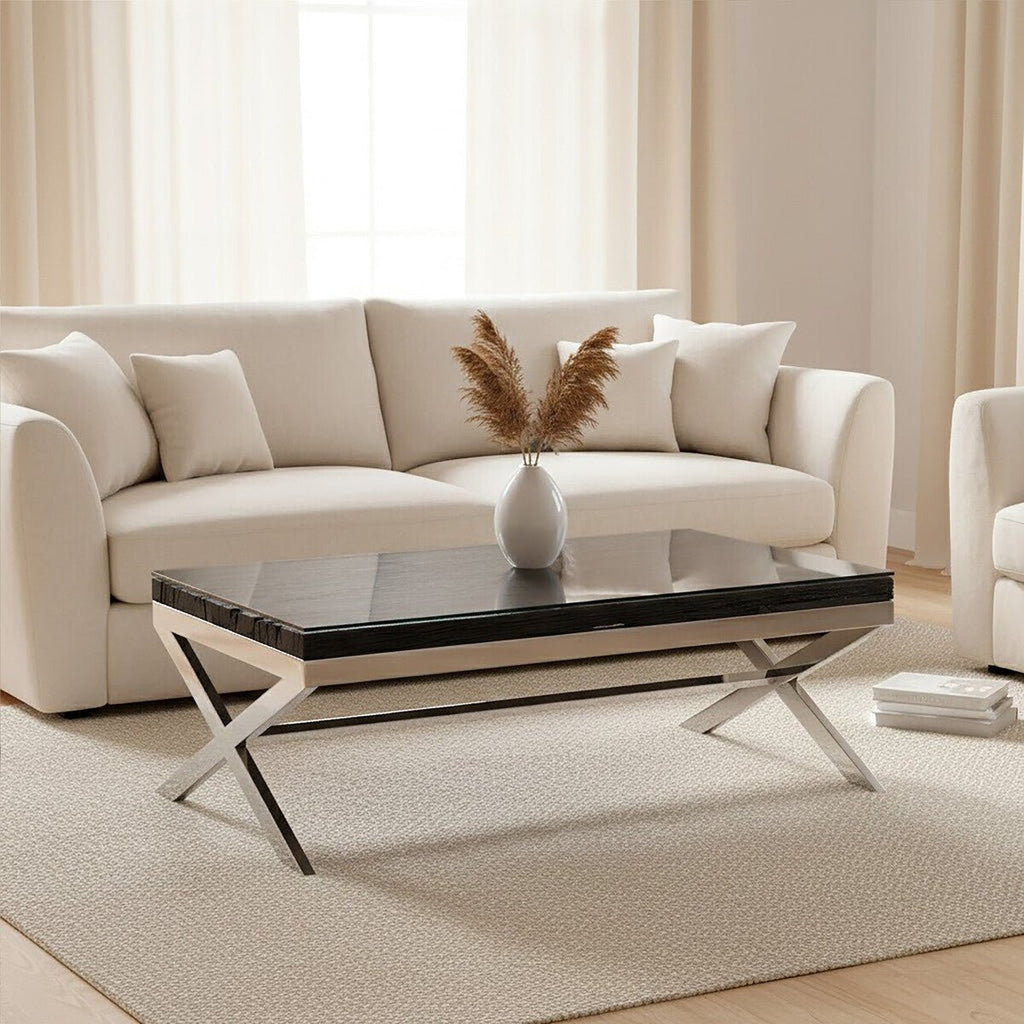 Square Black Wood and Clear Glass Top Coffee Table with Silver Cross Base, Kerala - Joe’s Haven