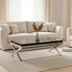 Square Black Wood and Clear Glass Top Coffee Table with Silver Cross Base, Kerala - Joe’s Haven