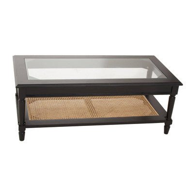 Black Finish Clear Glass Top Coffee Table with Natural Rattan Woven Shelf, Corso - Joe’s Haven