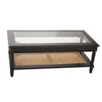 Black Finish Clear Glass Top Coffee Table with Natural Rattan Woven Shelf, Corso - Joe’s Haven
