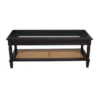 Black Finish Clear Glass Top Coffee Table with Natural Rattan Woven Shelf, Corso - Joe’s Haven
