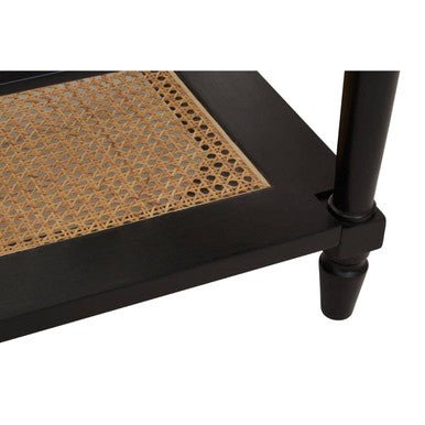 Black Finish Clear Glass Top Coffee Table with Natural Rattan Woven Shelf, Corso - Joe’s Haven