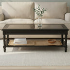Black Finish Clear Glass Top Coffee Table with Natural Rattan Woven Shelf, Corso - Joe’s Haven