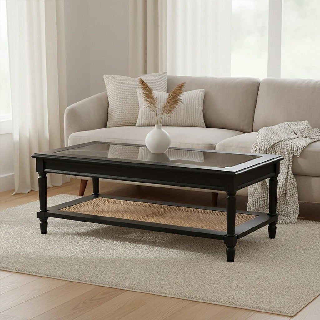 Black Finish Clear Glass Top Coffee Table with Natural Rattan Woven Shelf, Corso - Joe’s Haven