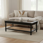 Black Finish Clear Glass Top Coffee Table with Natural Rattan Woven Shelf, Corso - Joe’s Haven
